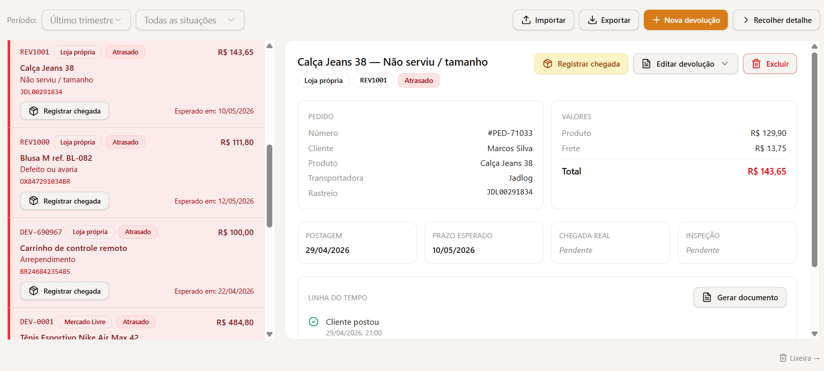 Reversio — Acompanhamento logístico (1/2): Registre o código de rastreio, a data de postagem e o prazo esperado. O sistema
