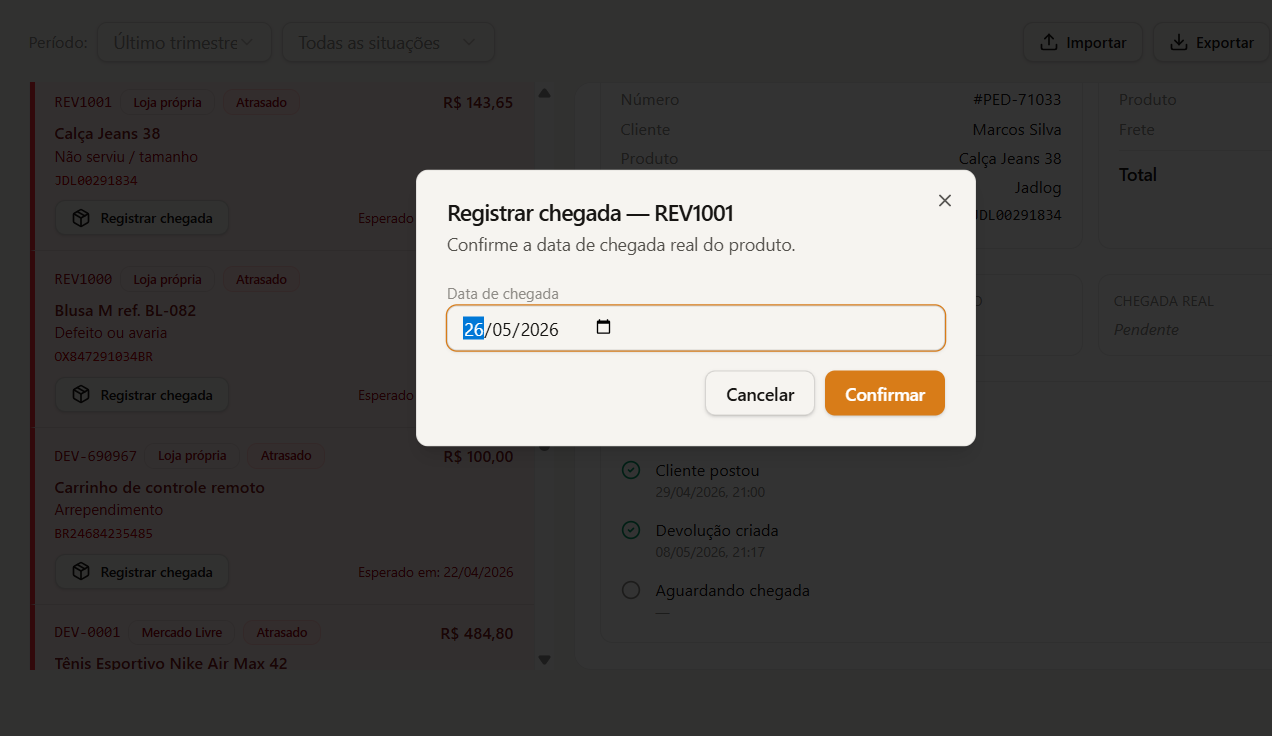Reversio — Registro de chegada (1/2): Quando o produto chega, registre com um clique. Se vários pacotes chegam juntos,