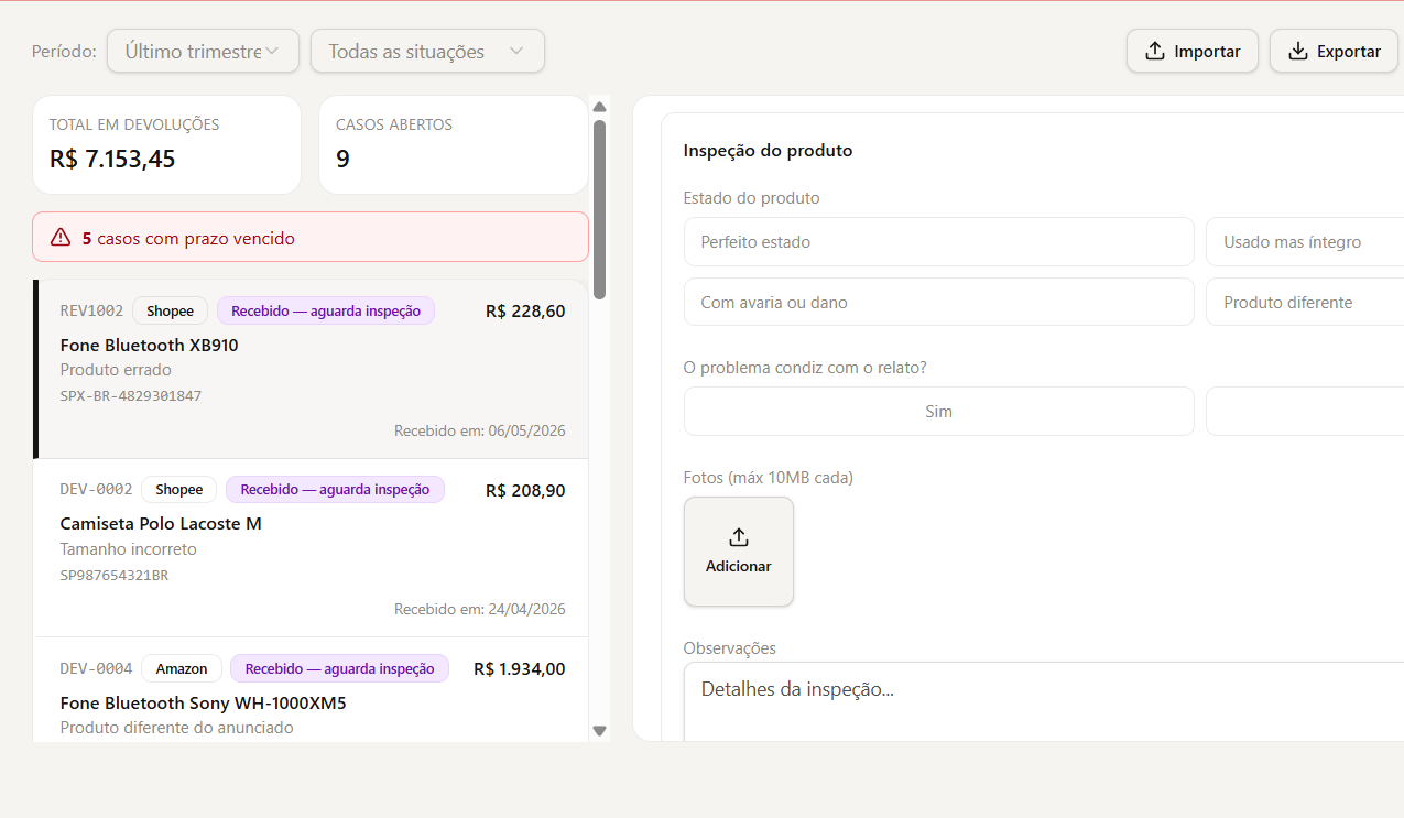 Reversio — Registro de chegada (2/2): Quando o produto chega, registre com um clique. Se vários pacotes chegam juntos,