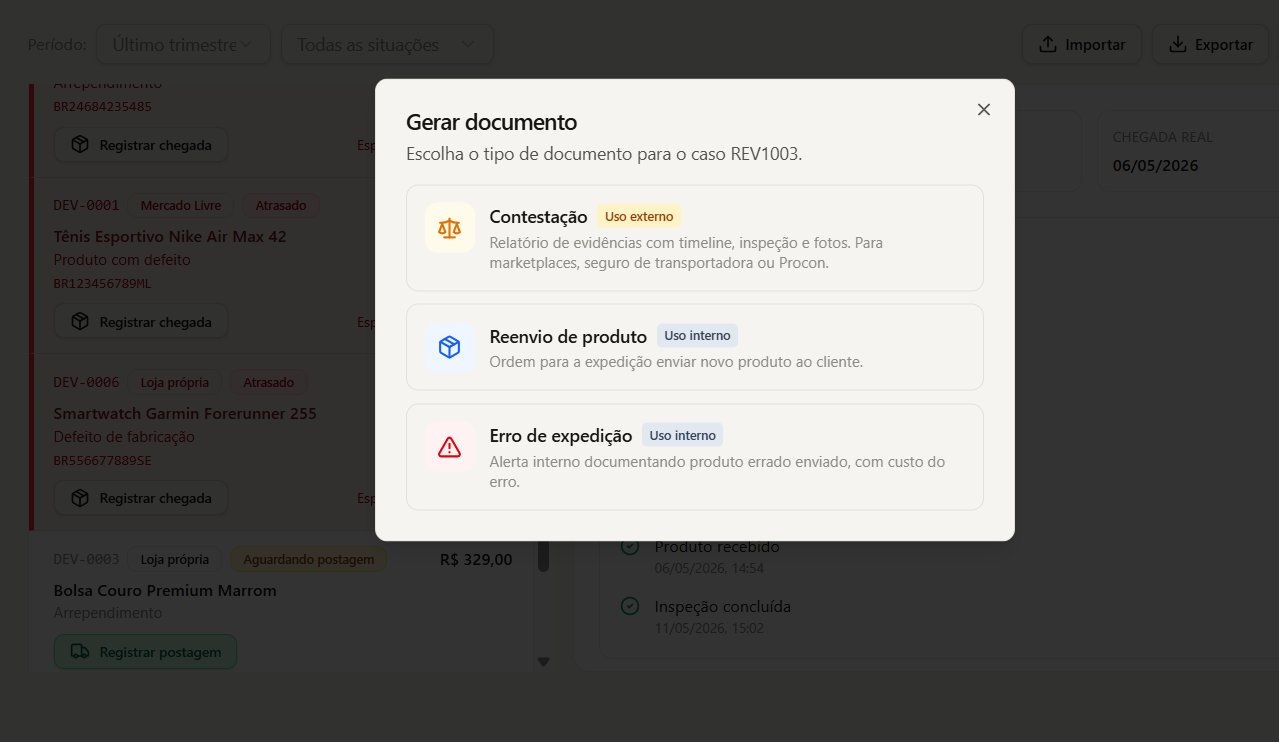 Reversio — Documentos e relatórios (1/3): Gere PDFs de contestação com evidências, ordens de reenvio para a expedição, e a